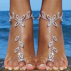 New - Gorgeous Boho Style - Rhinestone Toe Ring Ankle Bracelet Set